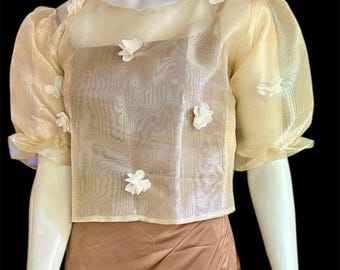 Filipiniana Crop Top (Blouse/Bolero) with Beige Floral 3D Accent