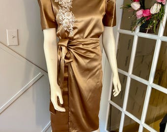 New 2pc Satin Modern Filipiniana Top and Wrap Skirt Adjustable Camel colour Large Professionally Handmade