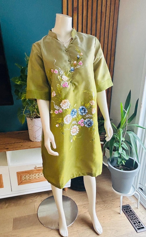 Olive Green Hand-painted Floral Tunic Filipiniana Dress Lightweight  Semi-formal Modern Filipiniana Barong Dress Size Large - Etsy