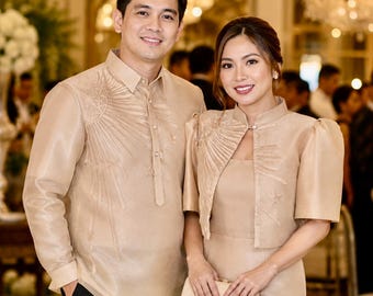 Filipiniana Couple Barong Tagalog & Bolero Set – Beige Sunburst Embroidery Formal Wear