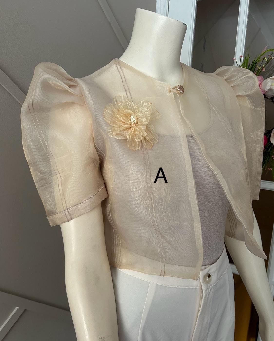 Beige Filipiniana Bolero Organza with Flower Embellishment/flower brooch