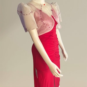 Red Ruched Midi Dress with Embroidered Bolero: Filipiniana Terno Sleeves.
