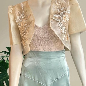 Filipiniana Embroidered Bolero | Beige Organza Butterfly Sleeve Shrug