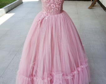 Ball gown 7-8yrs old Pink Birthday  Party One Shoulder Dress Floor Length Adjustable loop closure.