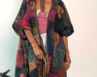 Bohemian Long Patchwork Jacket/ Coat with Real Coconut Shell Button and Front Pockets. Short Sleeves. Boho patchwork