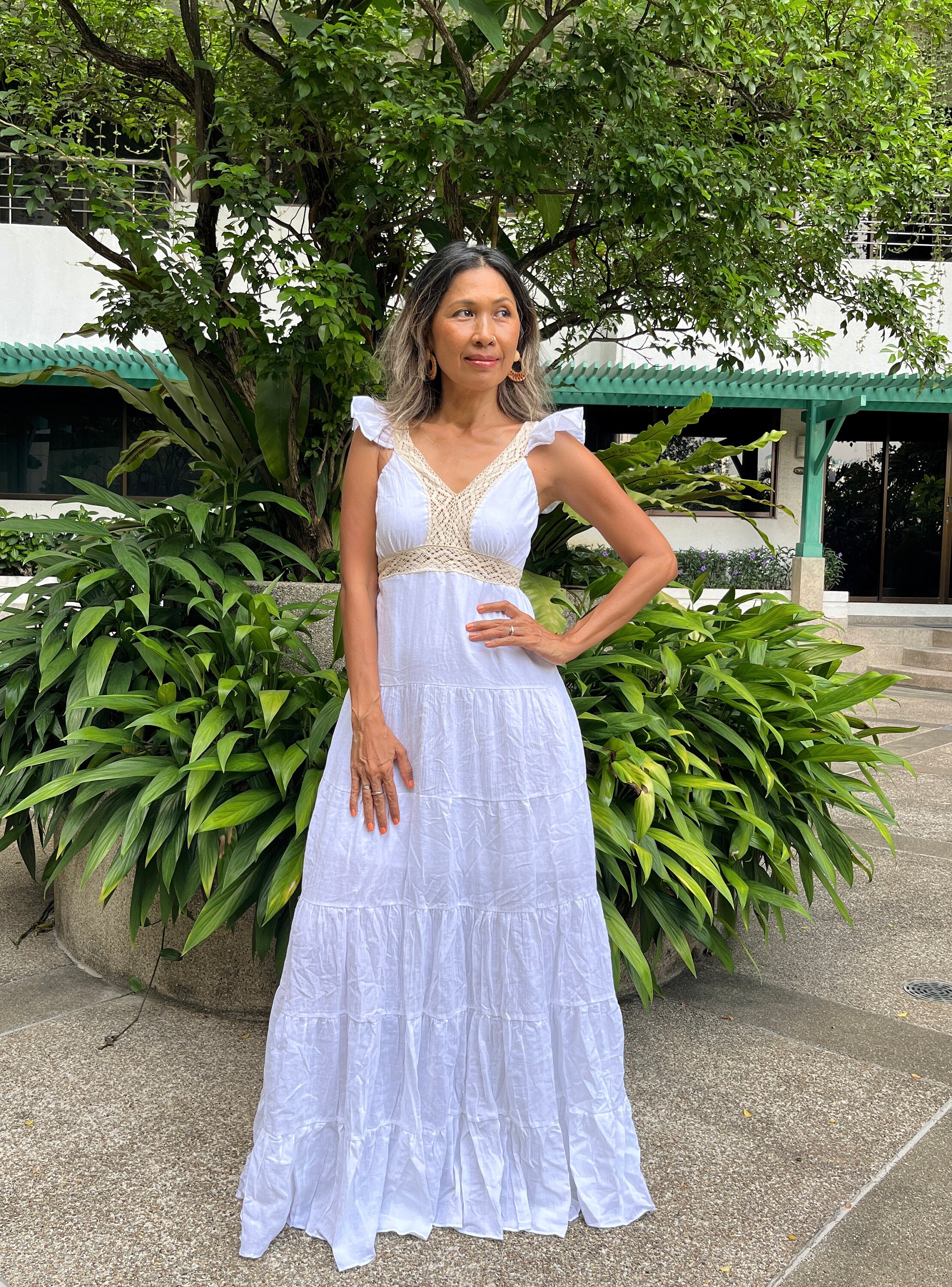 cream lace boho maxi dress Cream lace maxi dress with self back tie Large / Beige main image 0