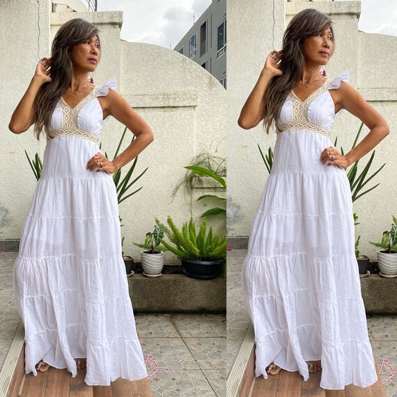 Elegant White and Cream Lace Boho Maxi Infinity Dress. Fringe Etsy