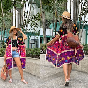 Handmade One of a Kind Colorful Boho Lace Jacket Kimono w/ Detailed Hand Embroidery. Pink Purple and Black Tri Color Kimono w sequino Robe.
