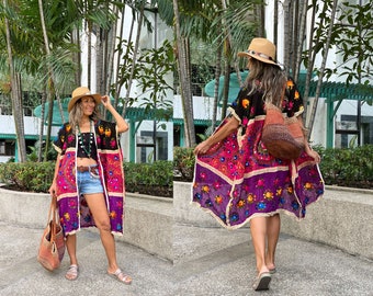 Handmade Embroidered Lace Kimono: Colorful Boho Jacket with Sequin Mandala
