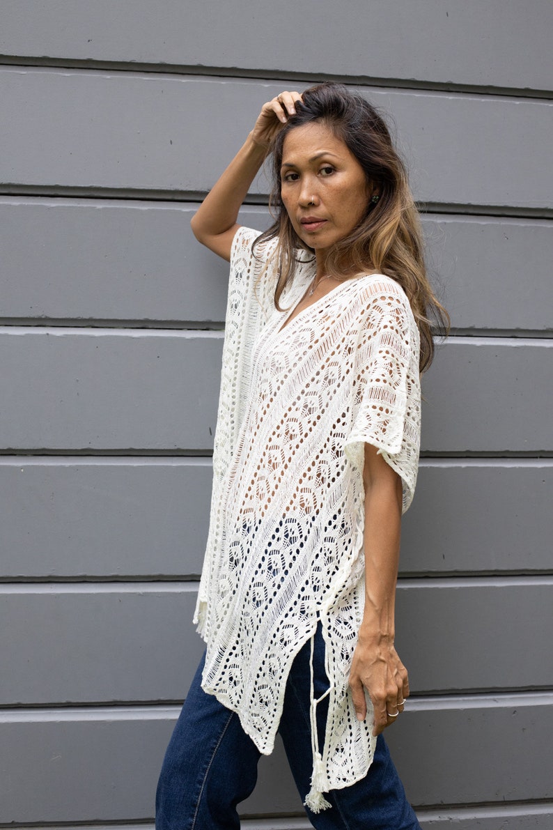 Lovely Lace Off White Colored Soft Cotton Poncho Long Blouse Boho Kaftan