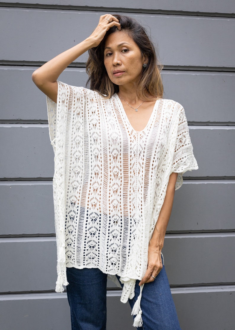 Lovely Lace Off White Colored Soft Cotton Poncho Long Blouse Boho Kaftan