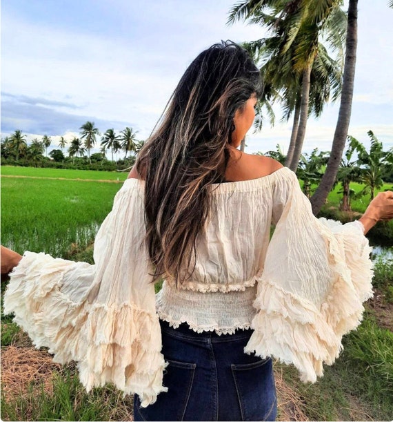 Buy Boho Ruffle Sleeve Blouse, off Shoulder Smocked Cotton Top