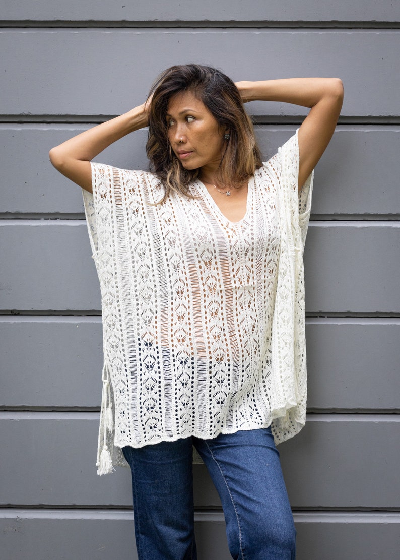 Lovely Lace Off White Colored Soft Cotton Poncho Long Blouse Boho Kaftan