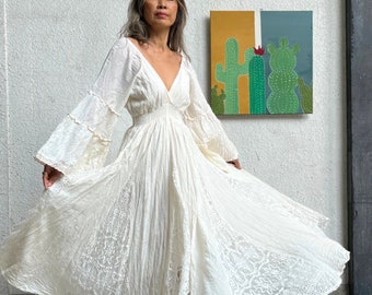 Boho Cream Wedding Dress, Wide Sleeve, Beach & Maternity Maxi, Photoshoot Gown, Handmade Bohemian Wedding Gown with Lace.