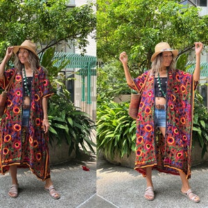 One of a kind Handmade Bohemian Kimono made from Chiffon with Hand Embroidery. Perfect for festivals. Maxi Length boho kimono jacket.