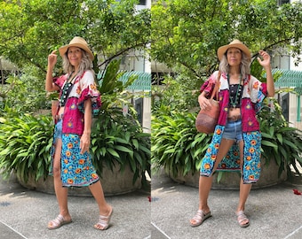 Floral Embroidered Chiffon Kimono - Ruffled Short Sleeve Boho Jacket