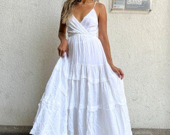 Boho White Cotton Maxi Dress  Lace-up Backless Halter, Deep V-neck - Etsy