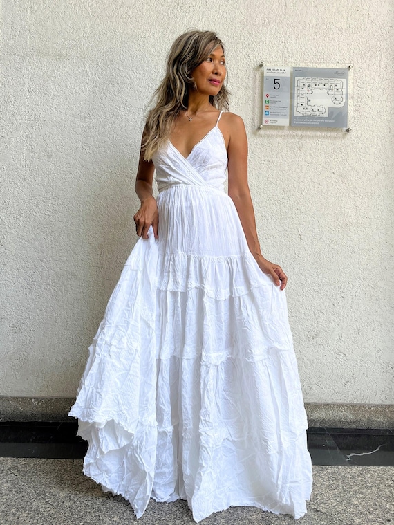 fitted lace wedding dress Oh Polly Sloane Split Plunge Neck Maxi Dress in White main image 0