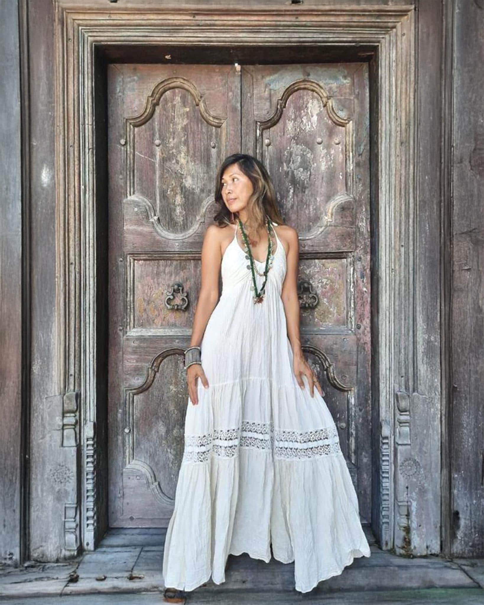chinese dress ladies White Bohemian Spaghetti Strap High Waist Boho Maxi Dress, White / S