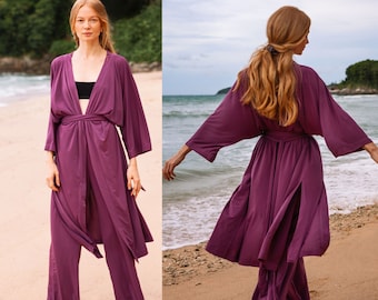 Silky Purple Boho Kimono & Leisure Pant Set: Loungewear or Beach Coverup