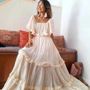 Handmade Off-White Boho Ruffled Maxi Dress – Cotton Summer Gown, Maternity-Friendly, Beach Wedding Attire
