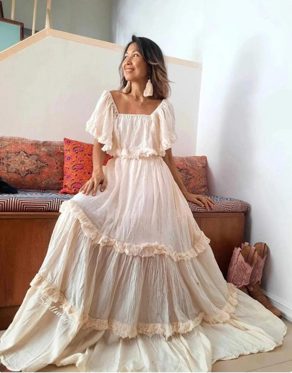 Handmade Off-white Boho Ruffled Maxi Dress  Cotton Summer Gown,  Maternity-friendly, Beach Wedding Attire - Etsy Israel