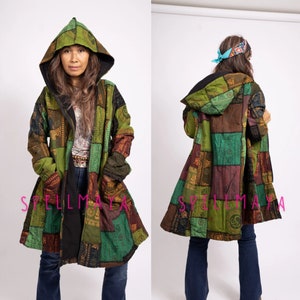 Handmade Bohemian Patchwork Long Jacket with Soft Fleece Lining. With Hood/ Zipper and Big Pockets. Hippie Patch Jacket. Boho Patchwork Coat