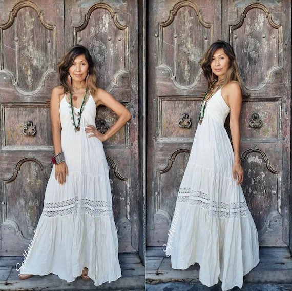 Boho Deep V Neck Spaghetti Strap Maxi Dress Made of 100 Percent Cotton. Romantic Lace Cotton Flowy Dress. Resort Stye Bohemian Wedding Dress Etsy