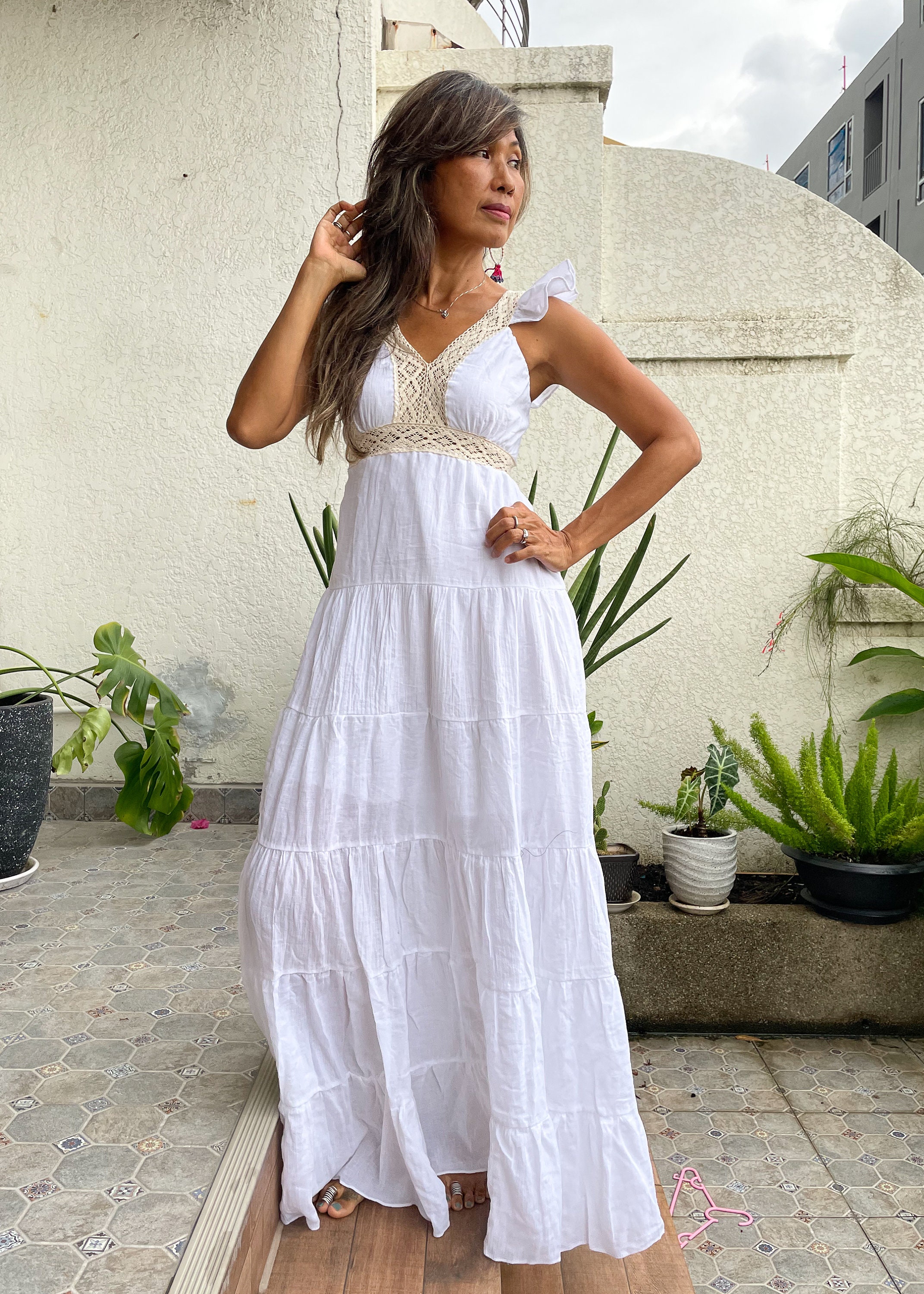 knee length dresses for ladies Cream Lace Maxi Dress with Self Back Tie Large / Beige main image 1