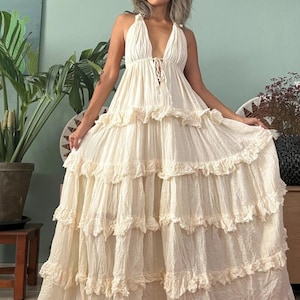 Vestido de novia bohemio, vestido largo con volantes en capas, vestido de novia playero sin espalda con cuello halter, vestido de novia bohemio de algodón, vestido de novia bohemio fluido