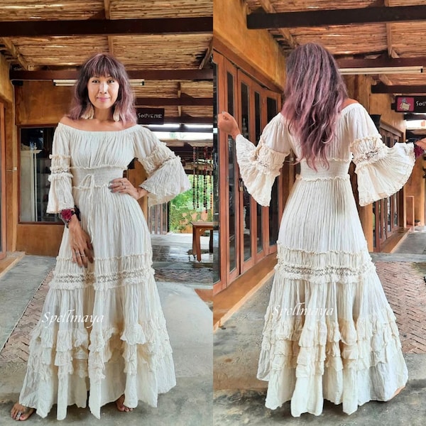 Handmade Boho Lace Wedding Dress: Off/On shoulder, floral lace, maternity-friendly, elegant. Cotton Boho Maxi Dress with Wide Sleeves.