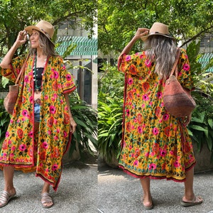 Beautiful Hand Embroidered and Handmade Boho Chiffon Kimono with Flower Embroidery and Vibrant Colors. Yellow toned Festival Kimono.