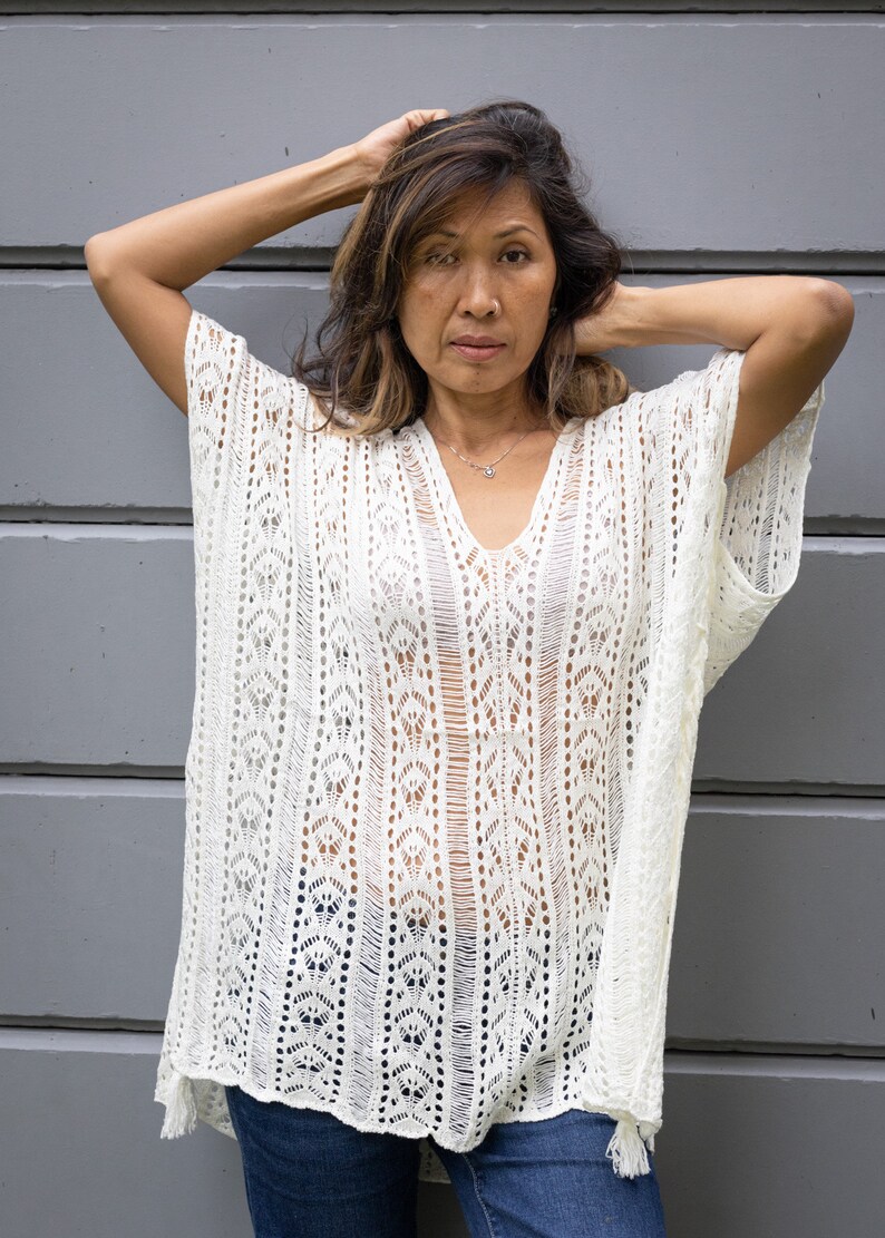 Lovely Lace Off White Colored Soft Cotton Poncho Long Blouse Boho Kaftan
