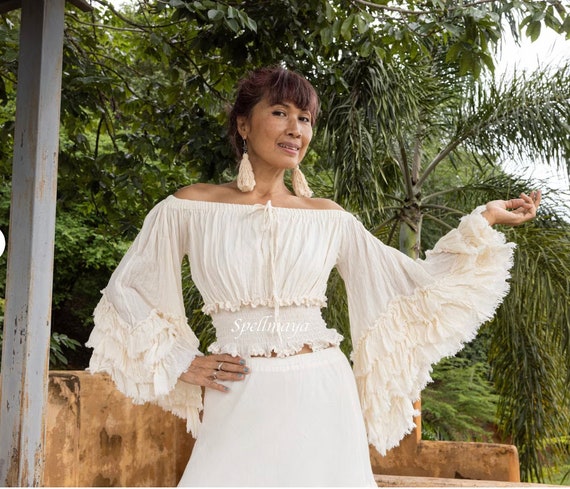Buy Boho Ruffle Sleeve Blouse, off Shoulder Smocked Cotton Top