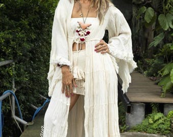 Katoenen stofdoekkimono met ruches, boho maxi-jas, strandtuniek