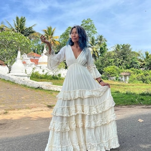 Boho Maxi Dress, Off White Gown with Ruffle, Fringe, Lace and Deep V Neck  Unique & Elegant Autumn Gown for Every Occasion, Handmade Chic.