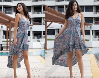 Boho Indian Silk High Low Dress, Paisley Spaghetti Strap Sun Dress