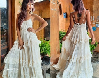 Romantic Boho Wedding Dress Maxi Length with Spaghetti Straps and Ruffle Fringe. Bohemian Wedding Dress. Flowy Off White Dress. long dress