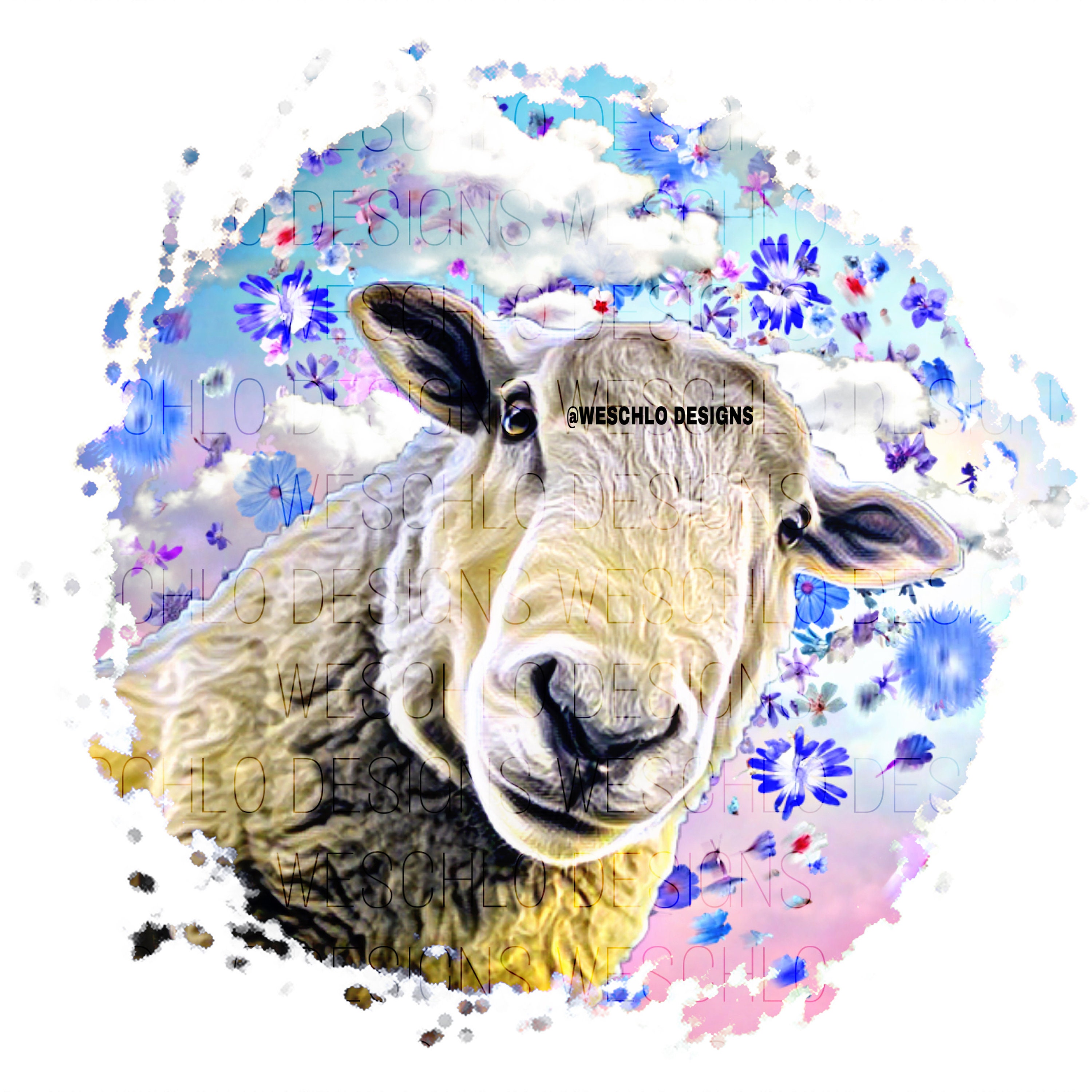 Digital Design Digital Files Watercolor Art| Cute Sheep with Flower Wreath File Instant Download