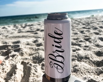 Bride personalized slim can holder, seltzer cooler, bridesmaid gifts, slim can holder, tumbler for newly weds, gifts for bride
