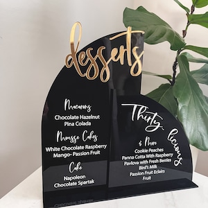 Wedding Sweets Sign, Wedding Desserts Menu, Arch Shape Menu, Modern Minimalist Sign, Birthday Frosted Acrylic Bar Sign, Gold Mirror 3d