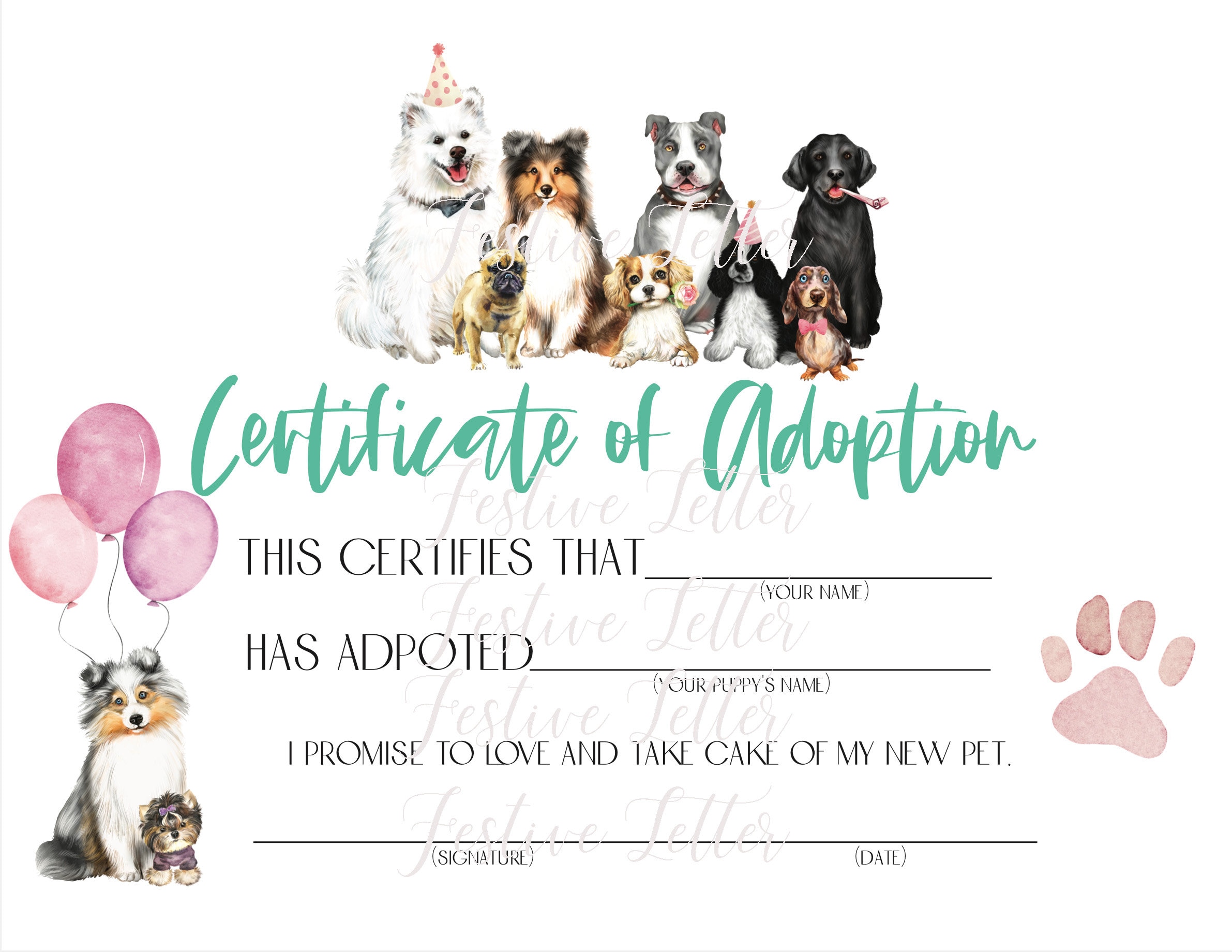 Certificate of Adoption, Puppy Theme Birthday Party, Puppy Adoption ...