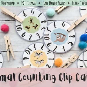 Animal Themed Counting Clip Cards - Preschool, Homeschool, Number Recognition, Learning Activity, Math, Mammals, Reptiles, Printable