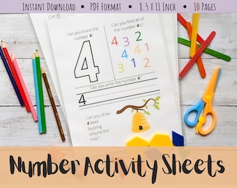 May include: A printable worksheet for kids to practice tracing and writing the number 4. The worksheet includes a large number 4 to trace, a section to write the number 4, a section to find all the number 4's in a grid, and a section to draw 4 bees buzzing around a hive.