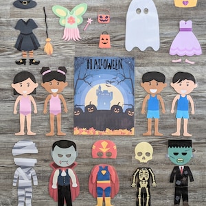 May include: A set of Halloween-themed paper dolls with various costumes, including a witch, a fairy, a ghost, a princess, a vampire, a superhero, a skeleton, a mummy, and a Frankenstein monster. The dolls are all dressed in colorful costumes and have friendly faces. The set also includes a Halloween-themed background with a castle and pumpkins.