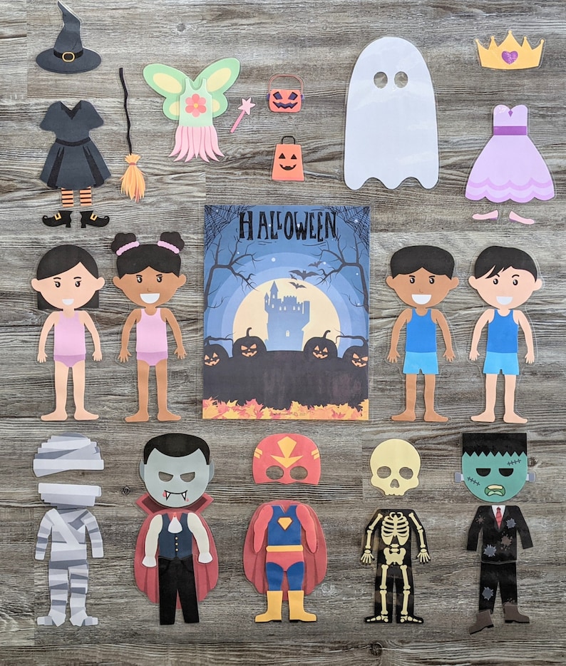 May include: A set of Halloween-themed paper dolls with various costumes, including a witch, a fairy, a ghost, a princess, a vampire, a superhero, a skeleton, a mummy, and a Frankenstein monster. The dolls are all dressed in colorful costumes and have friendly faces. The set also includes a Halloween-themed background with a castle and pumpkins.