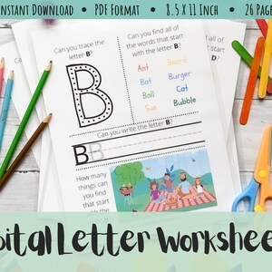 Actividad imprimible de aprendizaje del alfabeto con mayúsculas: educación en casa, lectura, ortografía, escritura, reconocimiento de letras, preescolar y jardín de infancia