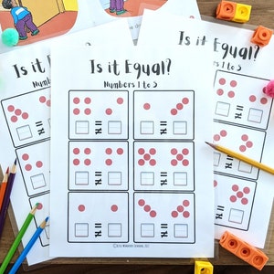Puede incluir: Una hoja de trabajo imprimible con el título "¿Es igual? Números del 1 al 5" y varias filas de círculos con los números del 1 al 5. La hoja de trabajo está diseñada para ayudar a los niños a aprender sobre la igualdad y el conteo.