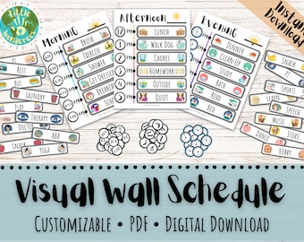 Puede incluir: Un horario visual imprimible para niños con horarios y actividades personalizables. El horario incluye secciones de mañana, tarde y noche con iconos para actividades como cepillarse los dientes, almorzar, jugar afuera y leer un libro. El horario también incluye un conjunto de círculos de reloj para enseñar la hora.