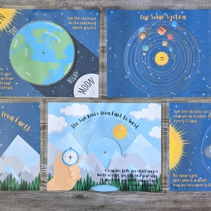 May include: Five colorful educational charts with spinning wheels to teach about the solar system, the phases of the moon, and the earth's rotation. The charts are printed on blue cardstock with white text and illustrations.